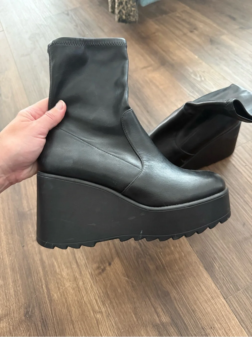 Black Platform Wedge Ankle Boots - Women's Fashion Boots size 7.5-8 - Picture 2 of 8